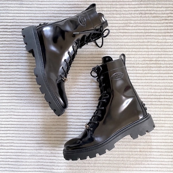 Tod's Shoes - TOD’S LEATHER COMBAT BOOTS GOMMINO LACE UP SIDE ZIP LUXE EDGY GRUNGE Black 40